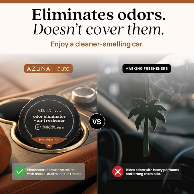 Azuna Car Air Freshener & Auto Odor Eliminator Pods Trio | Spanish Leather | Plant Powered by 100% Australian Tea Tree Oil | Long Lasting and No harsh chemicals | Made in USA | 3 Pack of 2oz Pods