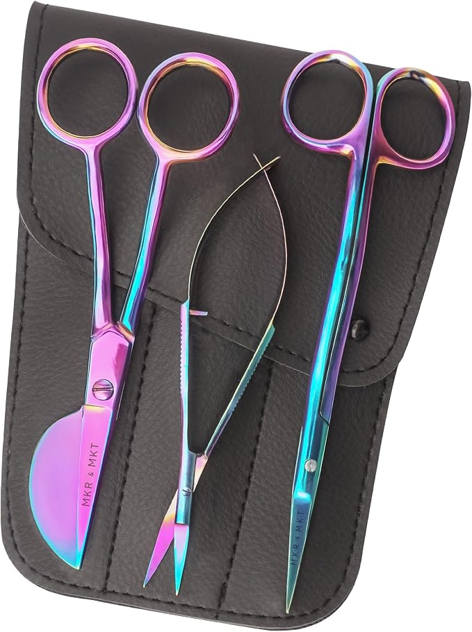 Premium Embroidery Scissors Set of 3 Kit - Double Bent Offset Duckbill, Spring Action Curved Blade and Double Bend Long Applique Needlepoint with Pouch Sleeve (Rainbow)