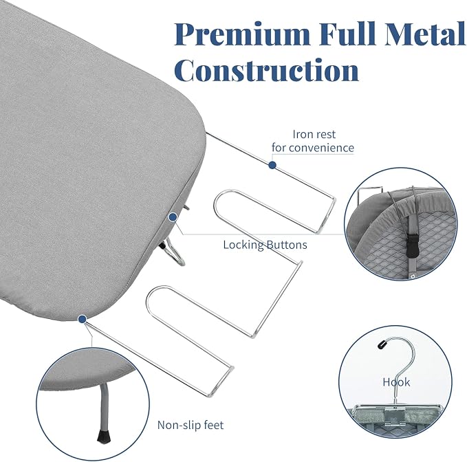 Small Ironing Board with Iron Holder, RAINHOL Countertop Mini Ironing Board Tabletop with Non-Slip Feet, Travel Foldable Iron Table for Small Space, Grey