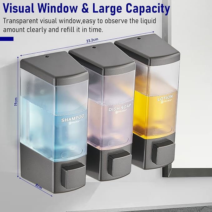 Pollock Shampoo and Conditioner Dispenser 3 Chamber * 500ML | Shower Soap Dispenser Wall Mounted, Body Wash Dispenser No Drill, Refillable Shower Dispenser for Bathroom