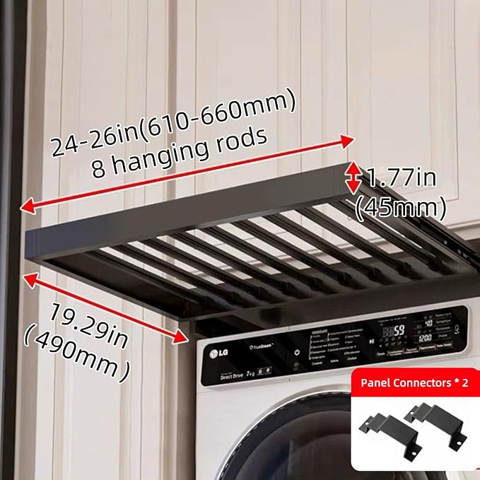 Hidden Pull Out Drying Rack, Extendable Pull Out Trousers Rack, Space Saving, Above Washing Machine Wardrobe, Aluminum Alloy, Soft-Close, Depth 19.29in Width 24-26in Grey