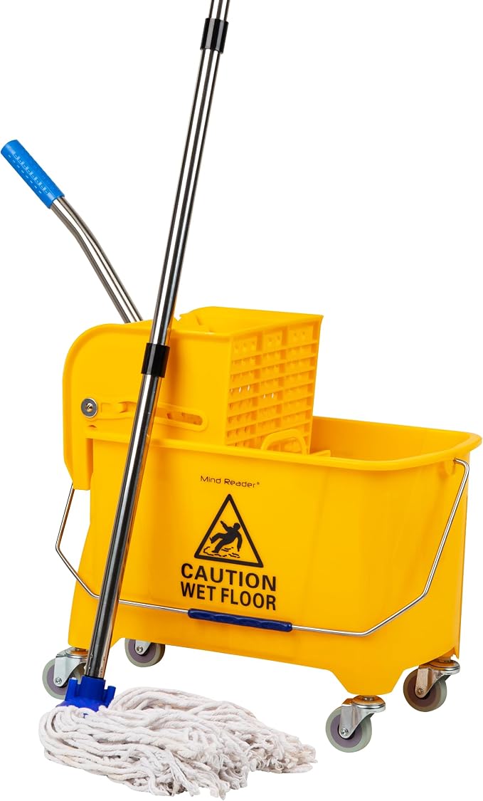 Mind Reader Mop and Bucket Set with Wringer, Mop Included, 5.5 Gallon Cleaning System with Wheels, Upward Press Wringer, Small Mop Compatible