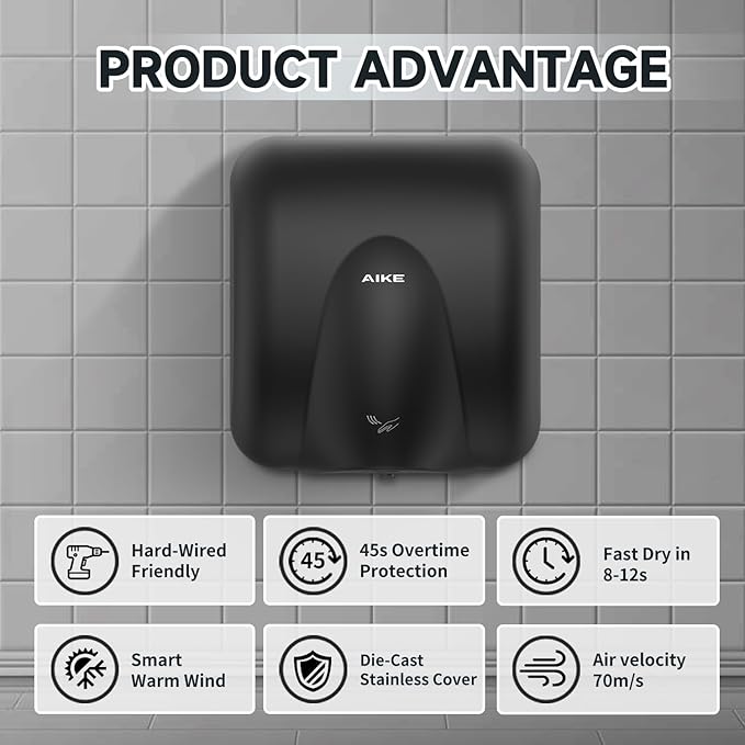 AIKE Heavy Duty Hand Dryer Hard-Wired Friendly 110V High Speed Matte Black Stainless Finish Model AK2811
