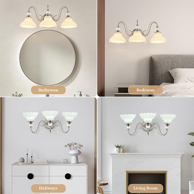 Brushed Nickel Bathroom Vanity Light, 3-Light Nickel Finish Wall Sconce with Hanging Crystal Accents and Flower-Shaped White Glass Shades, Modern Wall Mount Vanity Light Over Mirror for Bathroom