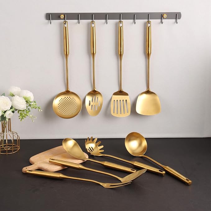 Gold Kitchen Utensils Set - 15" All Metal Cooking Tools Set of 9 | 18/10 Stainless Steel Cooking Utensils - Fork, Solid/Slotted Spoon, Spatula, Ladle, Skimmer, Turner, Pasta Spoon, Large Spoon