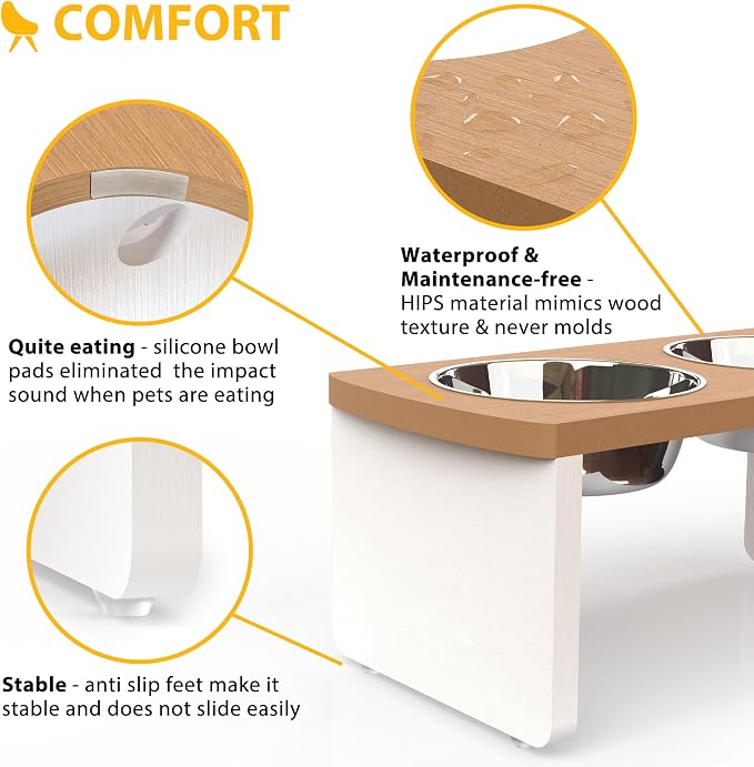 Elevated Dog Bowls, Waterproof Raised Dog Bowl for Medium Dogs, HIPS Poly Lumber Stand with 2 Stainless Steel Bowls, Indoor & Outdoor Use (7'' Tall-40 oz Bowl, Teak - White)