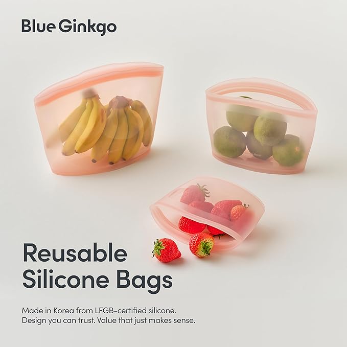 Blue Ginkgo Reusable Silicone Storage Bags – 4-Pack | Korean-Made Stand Up Food, Freezer Bags - Peach