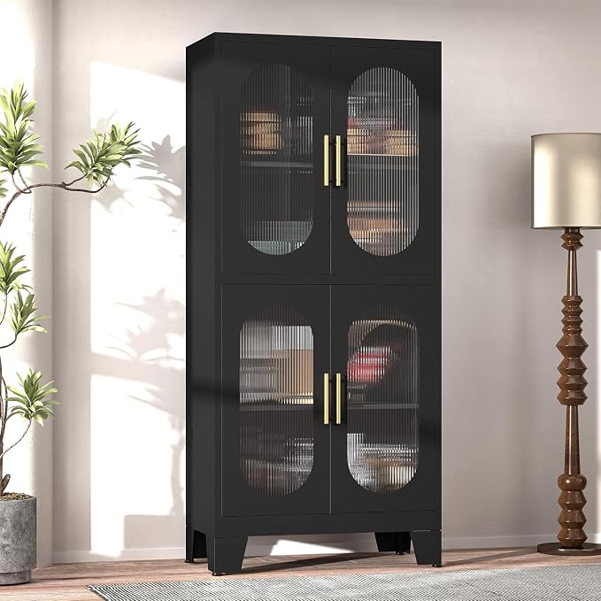GAIOUS Black Kitchen Pantry Cabinet,Storage Cabinet with Acrylic Glass Door | and Adjustable Shelves, Metal Food Storage Cupboard, Tall Versatile Storage for Kitchen, Dining Room, Home Office and Bedroom