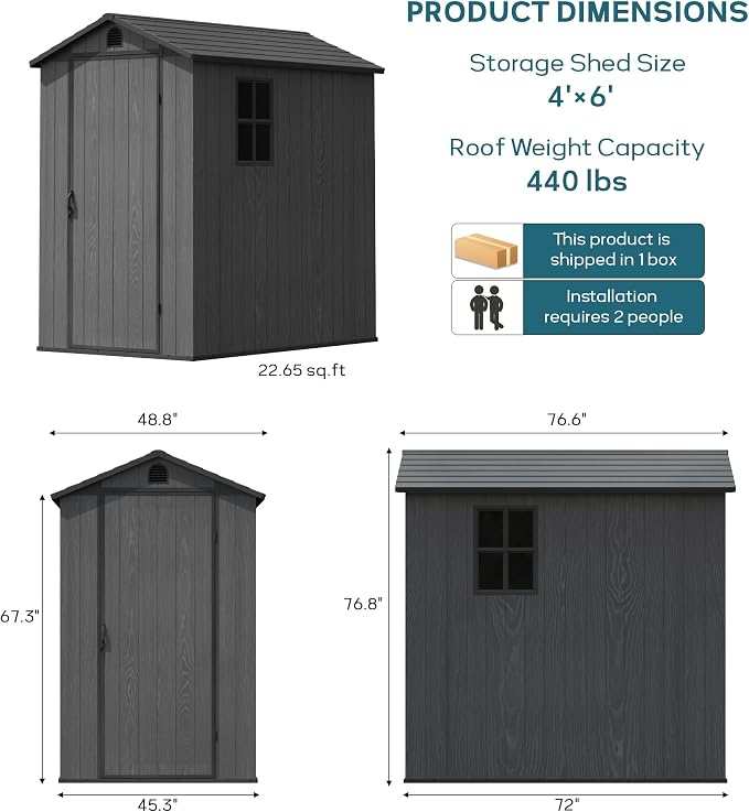 Greesum 4x6FT Plastic Storage Shed with Floor, Resin Outdoor Storaged Sheds with Lockable Door, All Weather Tool Shed with Window and Vent, Easy Assembly for Garden, Patio, Yard, Dark Gray