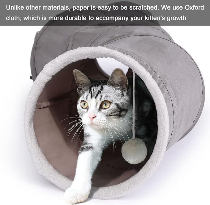 Ownpets S-Shape Cat Tunnel Toy 48"L x 10"D, for Cats, Puppies & Small Pets | Collapsible for storage, tear-resistant oxford fabric, connects to other tunnel, with peek hole, feather wand, indoor/outdoor