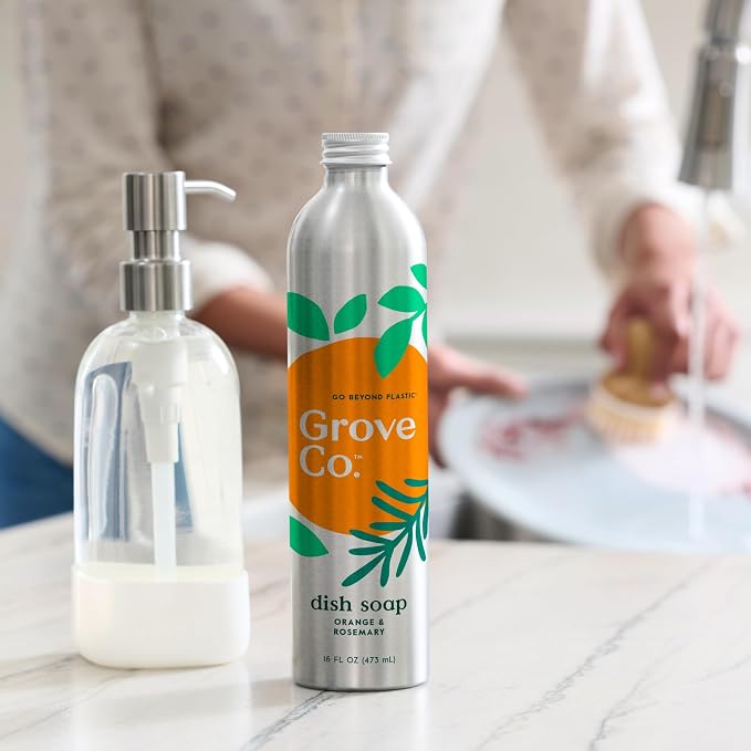 Grove Co. Dish Soap, 3 x 16 fl oz Refills, Orange & Rosemary | Plastic-Free; Refill format; Natural Fragrance; Removes Stuck on Food; 98% plant-based ingredients