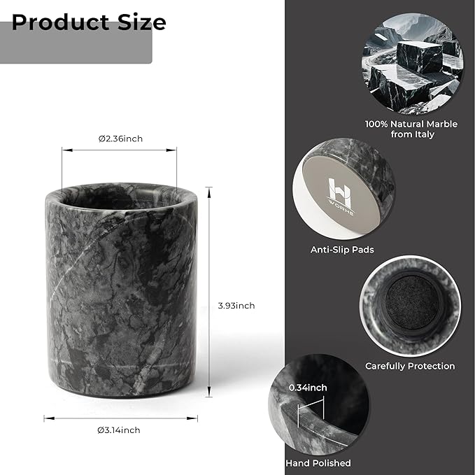 Pen Holder Stand Italy Natural Premium True Marble Makeup Brush Holders, Tableware Organizer Desk Pencil Cup for Home Office School Decor Dark Grey (DL012)