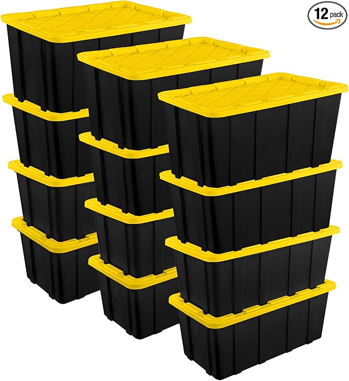 Sterilite 12-Pack Industrial Tote, Plastic Storage Container Bins with Lids, 38 Gallon - Heavy-Duty Organizing Containers for Closet, Bathroom, and Office