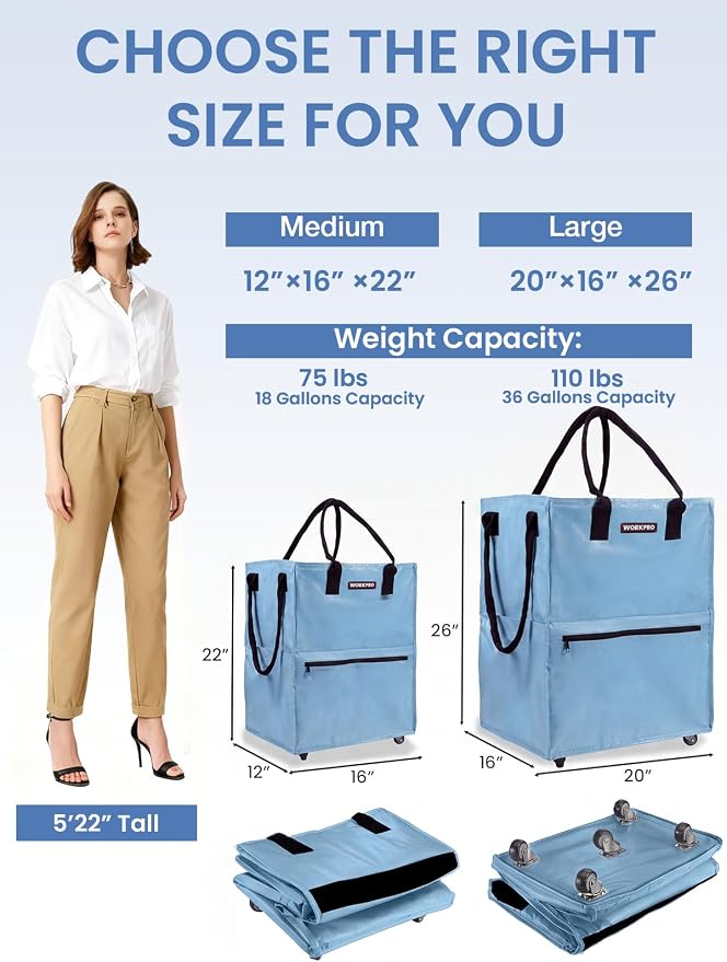 WORKPRO Large Rolling Grocery Bag, 36-Gallon Rolling Tote with 5 Wheels | Reusable Grocery Bag on Wheels, Holds Up to 110 lbs, Heavy Duty Rolling Tote for Groceries, Laundry, Moving & Back to School