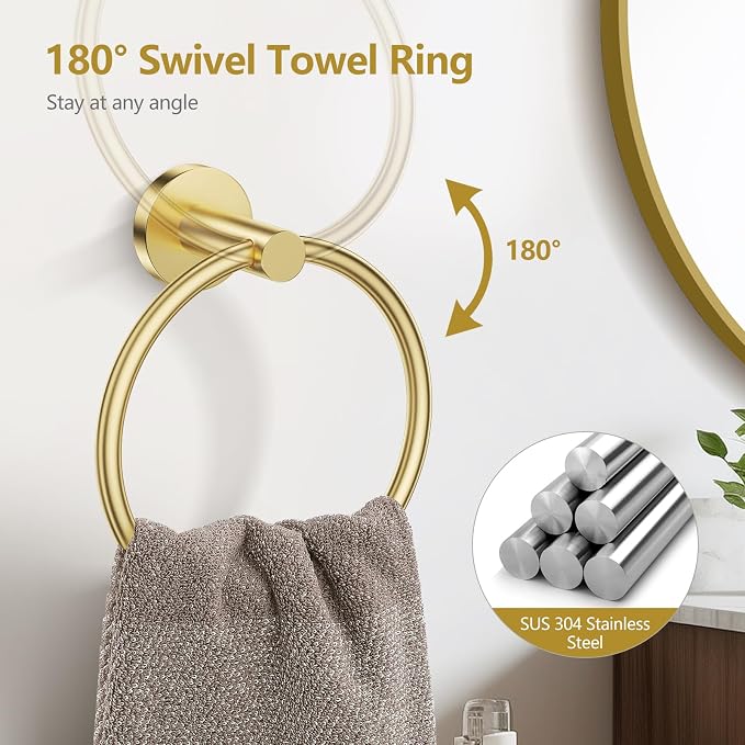 TQKAG 5 Piece Bathroom Towel Bar Holder Sets Brushed Gold Bathroom Hardware Set Stainless Steel Toilet Paper Holder with Shelf Bathroom Accessories Kit Wall Mounted