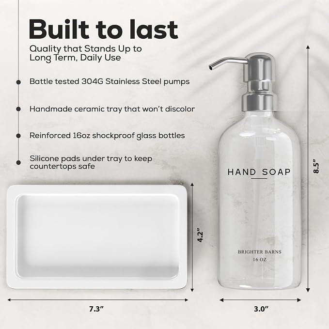 Glass Hand and Dish Soap Dispenser Set by Brighter Barns - Modern Kitchen Soap Dispensers with Stainless Steel Pump - Neutral Home Decor for Hotel, Restaurant, Vacation Rental, Airbnb (Clear/Silver)