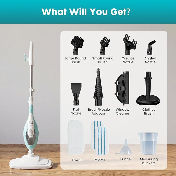 DUMOS 10-in-1 Multifunctional Steam Mop, 1550W Detachable Handheld Steam Cleaner, 16FT Power Cord with 2 Reusable Pads, Floor Steamer for Hardwood, Tile, Carpet, Grout, Windows