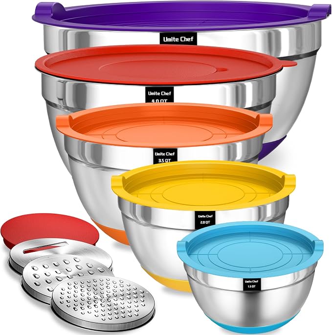 Umite Chef Mixing Bowls with Airtight Lids Set, 8PCS Stainless Steel Nesting Bowls Set, 3 Grater Attachments & Non-Slip Bottoms, Size 5, 4, 3.5, 2, 1.5QT for Baking & Mixing(Colorful)
