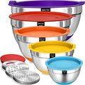 Umite Chef Mixing Bowls with Airtight Lids Set, 8PCS Stainless Steel Nesting Bowls Set, 3 Grater Attachments & Non-Slip Bottoms, Size 5, 4, 3.5, 2, 1.5QT for Baking & Mixing(Colorful)