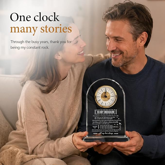 Crystal Glass Clock Gifts for Husband from Wife Romantic Birthday Home Decorations Wedding Anniversary Valentines Day Fathers Day Gift (Battery not Included)