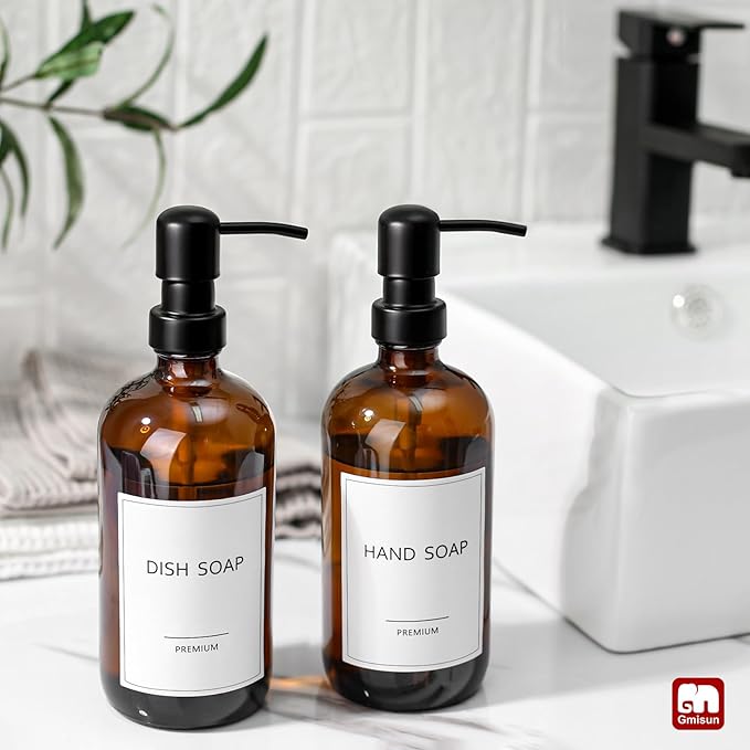 GMISUN Amber Glass Soap Dispenser, 8 Pack Bathroom Hand Soap Dispensers | 17 Fl Oz Kitchen Hand and Dish Soap Dispenser Set with Stainless Steel Pump, Modern Vintage Liquid Brown Soap Bottle