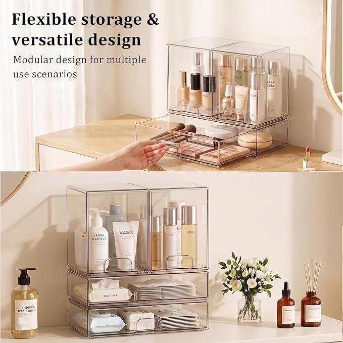 Clear Stackable Storage Drawers: Baby Bottle Storage Organizer, Acrylic Bottles Station Organizer Container for Countertop, Vanity, Bathroom, Cabinet Organization - 4 Pack