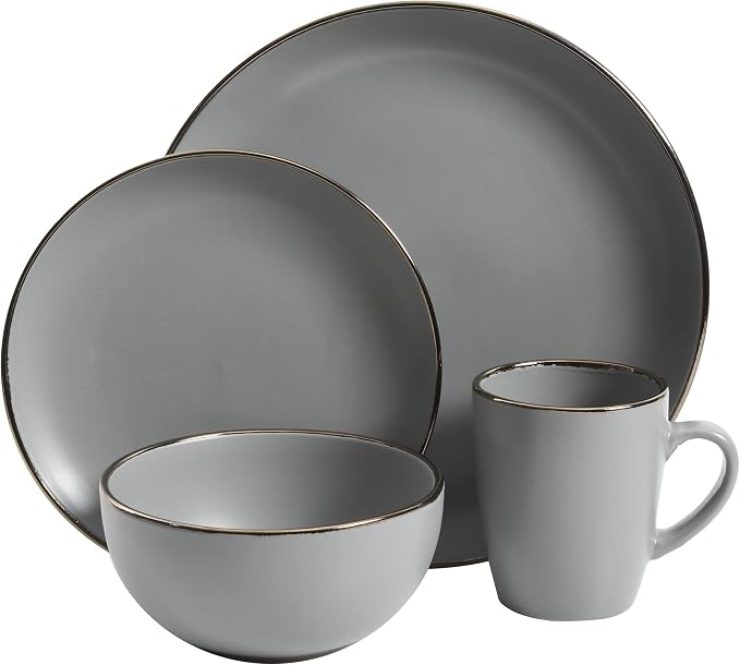 Gibson Home Rockaway 16-Piece Round Stoneware Dinnerware Set, Service for 4 – Grey with Gold Rim Plates and Bowls, Microwave & Dishwasher Safe