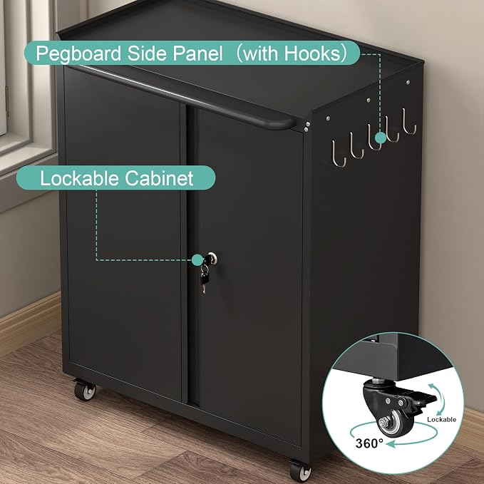 GREATMEET Garage Storage Cabinet with Wheels, Lockable Metal Storage Cabinet, Rolling Tool Cabinet with Adjustable Shelf, Push Handle for Shop, Home, Office, Black