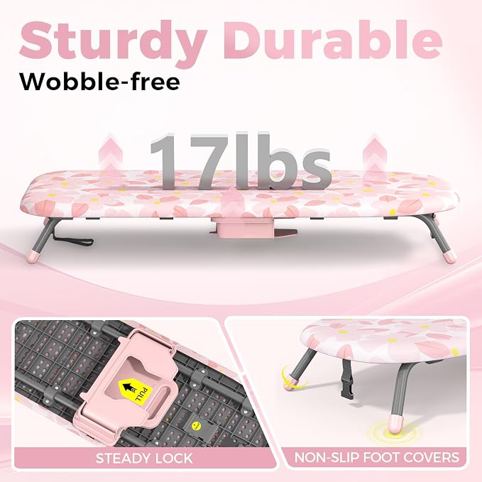 APEXCHASER Small Ironing Board with Iron Holder, Compact Iron Board with Non-Slip Feet, Portable Tabletop Ironing Board with Cotton Cover for Small Spaces and Travel, Pink