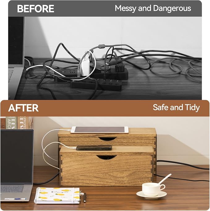KIRIGEN Wooden Cable Management Box Set of 2, Cord Organizer, Brown | Large and Small Solid Wood Boxes with Removable Lids for Power Strips, Chargers, Routers, and Desks Home Office