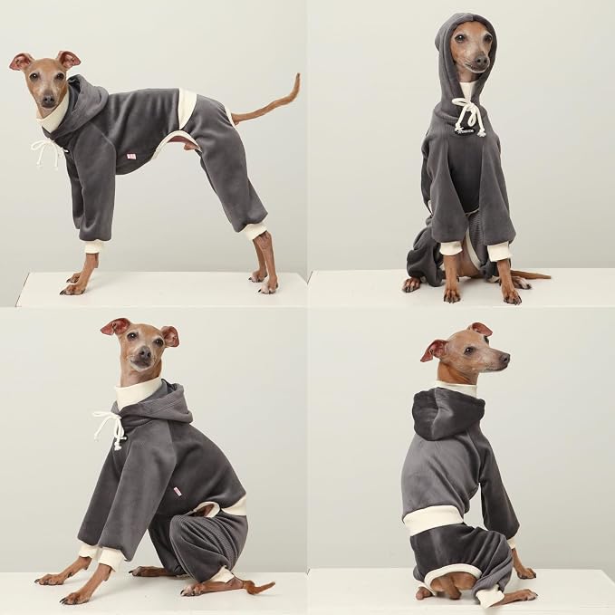 D Doggy Star Italian Greyhound Clothes, Corduroy Velvet Hooded Jumpsuit, Stretchy and Cozy (M,Hoodie Charcoal)