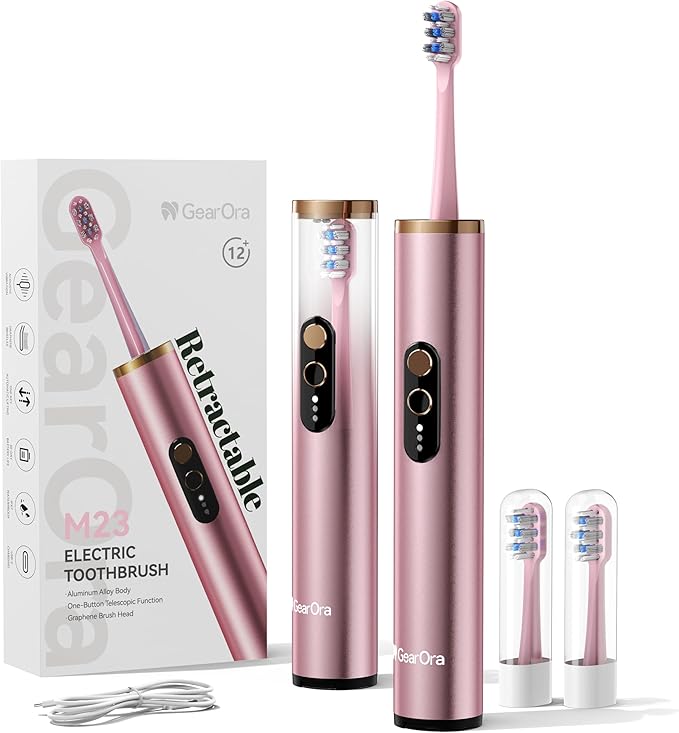 M23 Travel Electric Toothbrush for Adults, Retractable Portable Sonic Toothbrush, Aluminum Body, 30-Day Battery, Universal USB-C Charging, IPX7 Waterproof, Compact Travel Size Toothbrush
