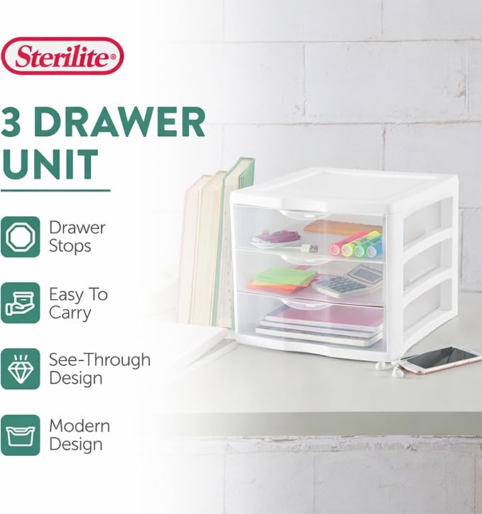 Sterilite Clearview Plastic Multipurpose Small 3 Drawer Desktop Storage Organization Unit for Home, Classrooms, or Office Spaces, White, 6 Pack
