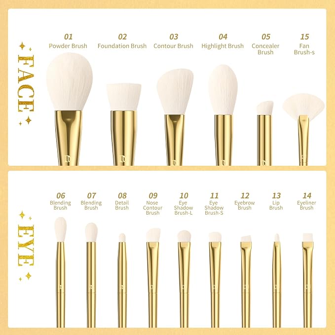 DUcare 15 Piece Professional Makeup Brush Set | Silver-Gold Radiance Synthetic Brushes for Full Face Eye, Complete Cosmetic Kit with Reusable Storage Holder