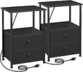 Night Stand, Nightstands Set of 2 with Charging Station | Bedside Table with 2 Fabric Drawers for Bedroom, End Tables with Storage Shelf for Small Spaces, Black