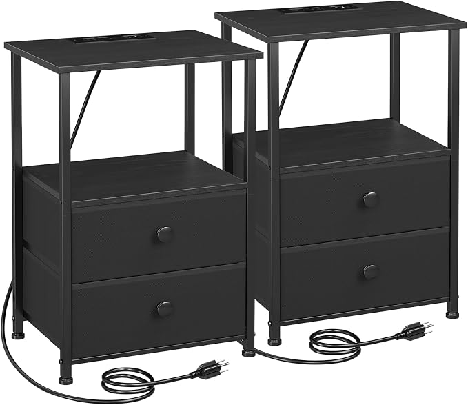 Night Stand, Nightstands Set of 2 with Charging Station | Bedside Table with 2 Fabric Drawers for Bedroom, End Tables with Storage Shelf for Small Spaces, Black
