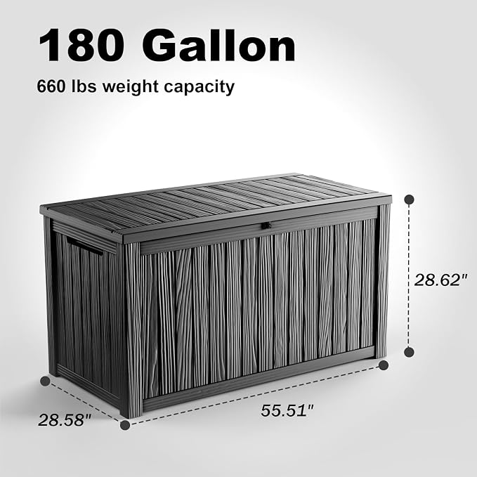 DRATO 200 Gallon Deck Boxes Outdoor Waterproof, Lockable Outdoor Storage Box for Patio Furniture Pool Supplies Garden Tools, Weatherproof Resin Storage Box for Backyard (Black, 200 Gallon)