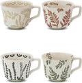 11 oz Ceramic Coffee Mug, Stoneware Teacup with Handle | Small Novelty Unique Cup for Tea Mocha Latte Cappuccino, Microwave Dishwasher Safe (Set of 4, Plants)