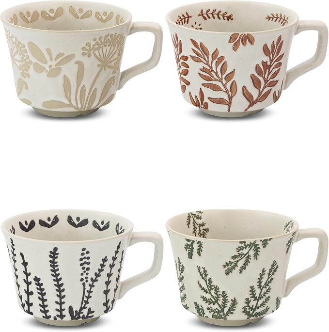 11 oz Ceramic Coffee Mug, Stoneware Teacup with Handle | Small Novelty Unique Cup for Tea Mocha Latte Cappuccino, Microwave Dishwasher Safe (Set of 4, Plants)