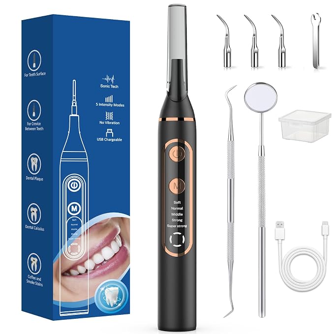 Plaque Remover for Teeth - SIQUER Teeth Cleaning Kit Dental Tools | LED Light 5 Speed Modes 4 Replaceable Heads USB Rechargeable for Home Travel Use, Black