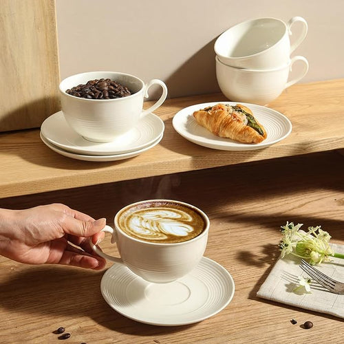 12 oz Cappuccino Cups with Saucers, Ceramic Espresso Coffee Cups Set of 4, White Latte Cup and Saucer, Elegant Tea Mugs Set, Microwave Dishwasher Safe Drinkware for Cafe, Housewarming Gift