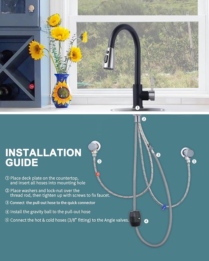WOWOW Kitchen Faucets for Sink 1 or 3 Hole, High Arc Stainless Steel Kitchen Sink Faucet with Sprayer, Brushed Nickel and Black Faucet for Kitchen RV Laundry Sinks