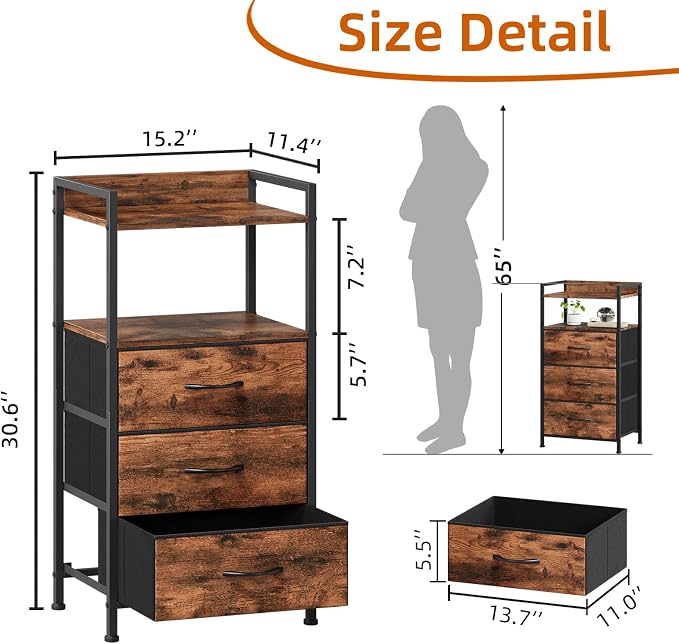 Somdot Nightstand with 3 Drawers, Dresser with Fabric Bins for Bedroom, Hallway, Entryway, Night Stand Bedside Table Furniture, Sturdy Steel Frame, Wooden Top, Easy Pull Fabric Bins, Wood Grain Print