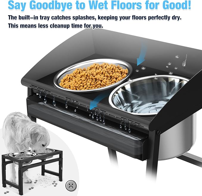 Bobbie & Laxi 15" Tilted Elevated Dog Bowl, Large Breeds Non-Spill Design | Raised Dog Bowl with Stand;Stainless Steel Dog Food Bowl & Water Bowl Set with Raised Splash Wall;Easy Clean Large Dog Bowl