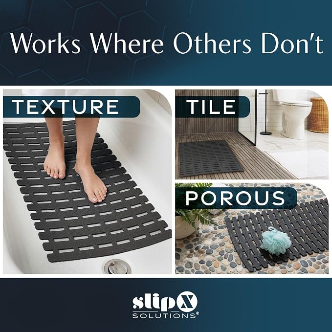 SlipX Solutions Weighted Non Slip Bath Mat for Textured Tub & Shower Surfaces, Patent Pending, Anti Slip Bathtub Safety Without Suction Cups, Doesn’t Float, Works on Tile & Stone 31” x 15”, Black