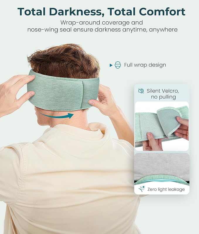 MUSICOZY Bluetooth 5.4 Sleep Headphones Eye Mask with Seaweed Fiber Cotton, Ultra Soft Fully Wrapped Sleep Mask with Headphones for Side Sleepers, 14 Hours Playtime, Gifts for Men Women