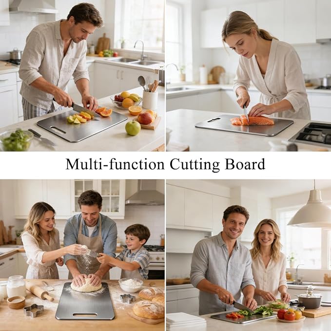 Stainless Steel Cutting Board Set of 3, 304 Food Grade Stainless Steel Cutting Board for Kitchen, Dishwasher Safe, Double-Sided Chopping Board for Meat, Vegetables or Fruit (S+M+L)