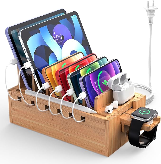 Pezin & Hulin Bamboo Charging Station for Multiple Devices with 5 Port USB Charger, 5 Cables and Watch Stand. Wood Desktop Docking Stations Organizer for Cell Phone, Tablet, Watch, Office Accessories | All-in-One, 5-Port USB HUB Included, 8-Device Orga...