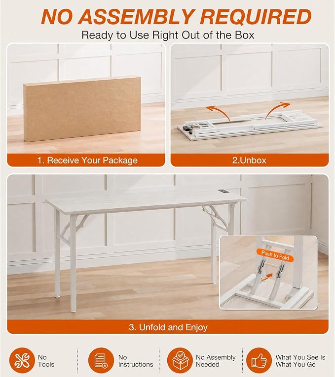 XBurmo Small Folding Desk Folding Table, No Assembly Foldable Desk Gaming Desk, 55.1-Inch Computer Table Workstation with 2 AC Outlets and 2 USB Ports for Bedroom and Home Office, White Ash