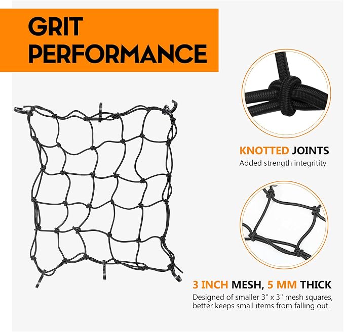 16" x 16" Heavy Duty Bungee Cargo Net Stretches to 30" x 30"-Latex Truck Bed Mesh,Luggage Tie-Down Net with 6Pcs Free Adjustable Hooks Motorcycle Bike Roof ATV SUV Trailer